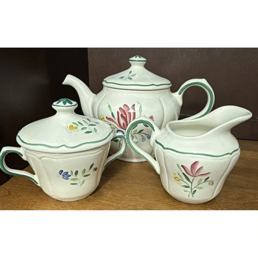 Longchamp Teapot Suger & Creamer French Faience Hand Painted Floral VTG